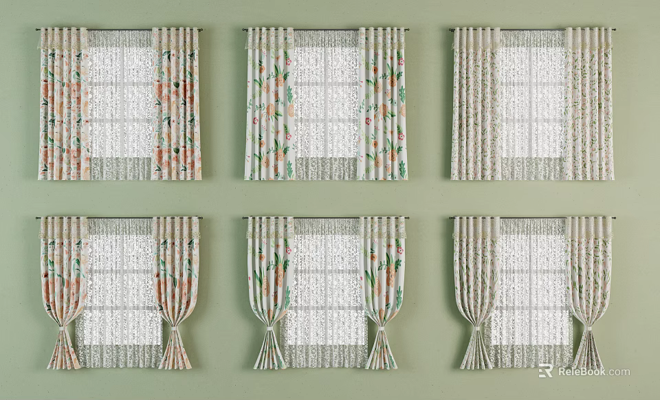 Various Floral Patterned Window Curtains With White Sheer On Green Wall 3d model