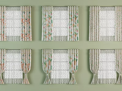 Various Floral Patterned Window Curtains With White Sheer On Green Wall 3d model