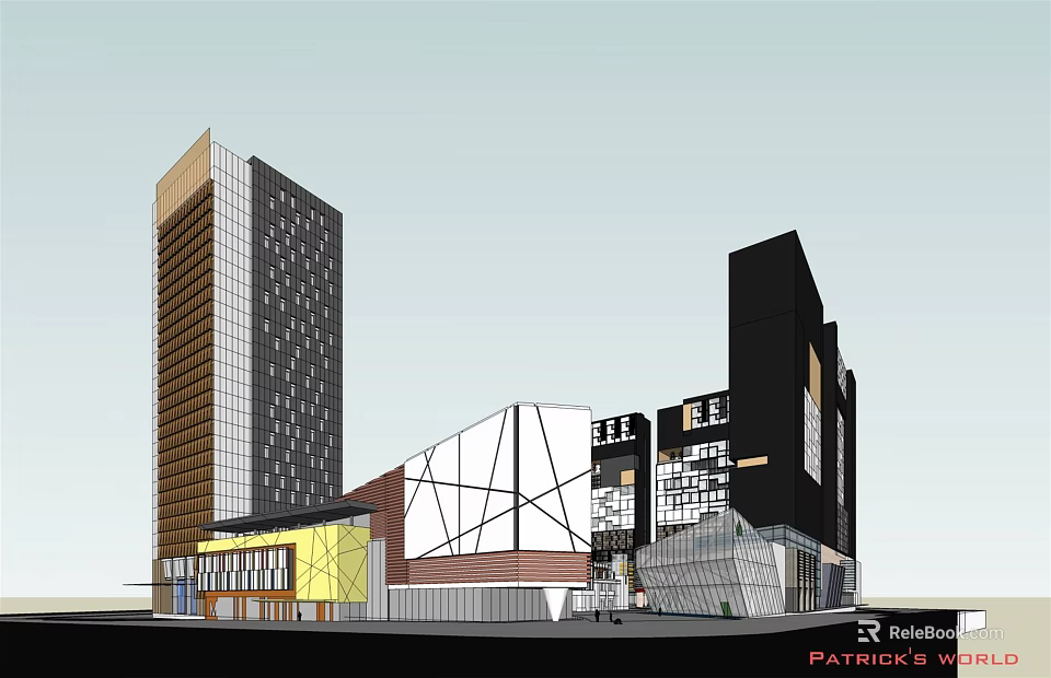 Modern Office Building With Glass Facade Geometric Design And Brown Black White Exteriors 3d model 