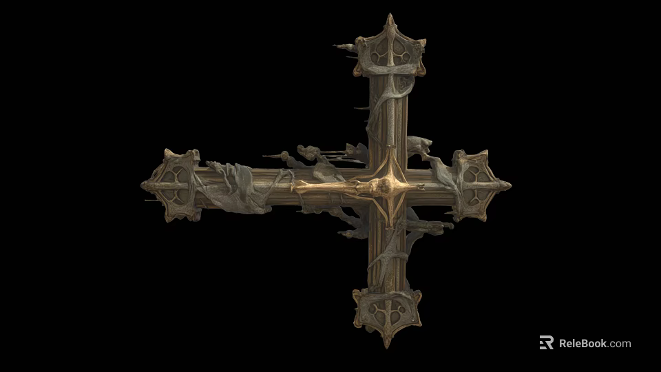 Intricate Carved Metallic Cross Jewelry With Ornate Details And Vintage Design 3d model 