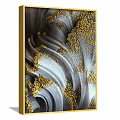 Abstract Painting With Gray And Gold Wavy Textures And Gold Specks In Gold Frame