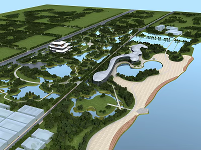Modern Park Lakeside Ecological Wetland Landscape Small Building 3d model