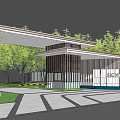 Modern Entrance Gate With Lattice Canopy And Green Trees Surrounding