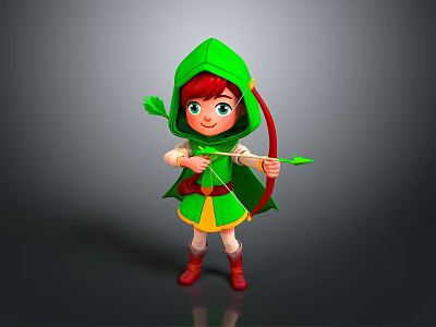 Game And Movie Character With Green Hooded Cloak Red Hair And Bow Arrow 3d model