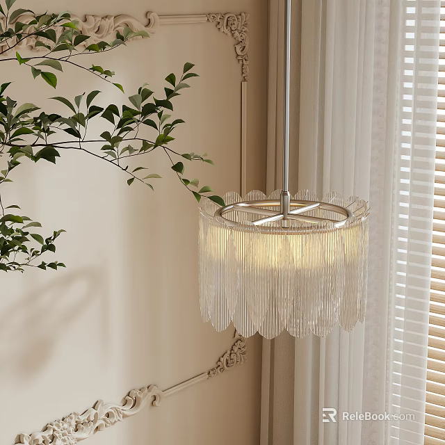 Elegant Chandelier with Crystal Tassels in Modern Interior with Green Plant and Blinds 3d model 