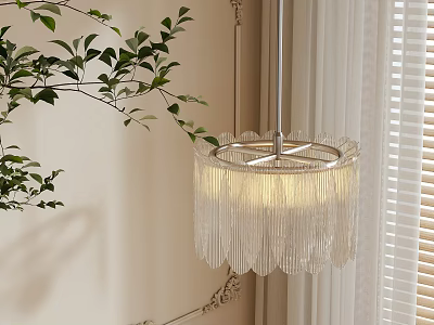 Elegant Chandelier with Crystal Tassels in Modern Interior with Green Plant and Blinds 3d model