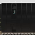 Modern Black Wardrobe With Louvered Doors Open Shelf Drawers Potted Plant And Rug