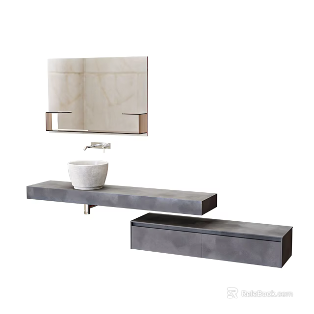 Modern Bathroom Washbasin with White Basin Gray Countertop Drawer Cabinet and Mirror 3d model 