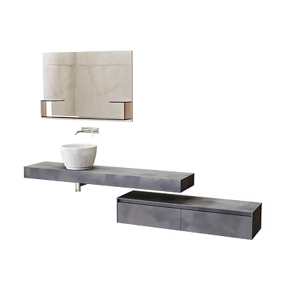 Modern Bathroom Washbasin with White Basin Gray Countertop Drawer Cabinet and Mirror 3d model