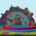 Colorful Children's Activity Space With Stage Tents Tables Chairs And Cartoon Decorations