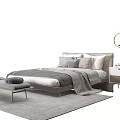 Modern Minimalist Double Bed with Gray Blanket Pillows Bedside Table and Soft Rug 3d model
