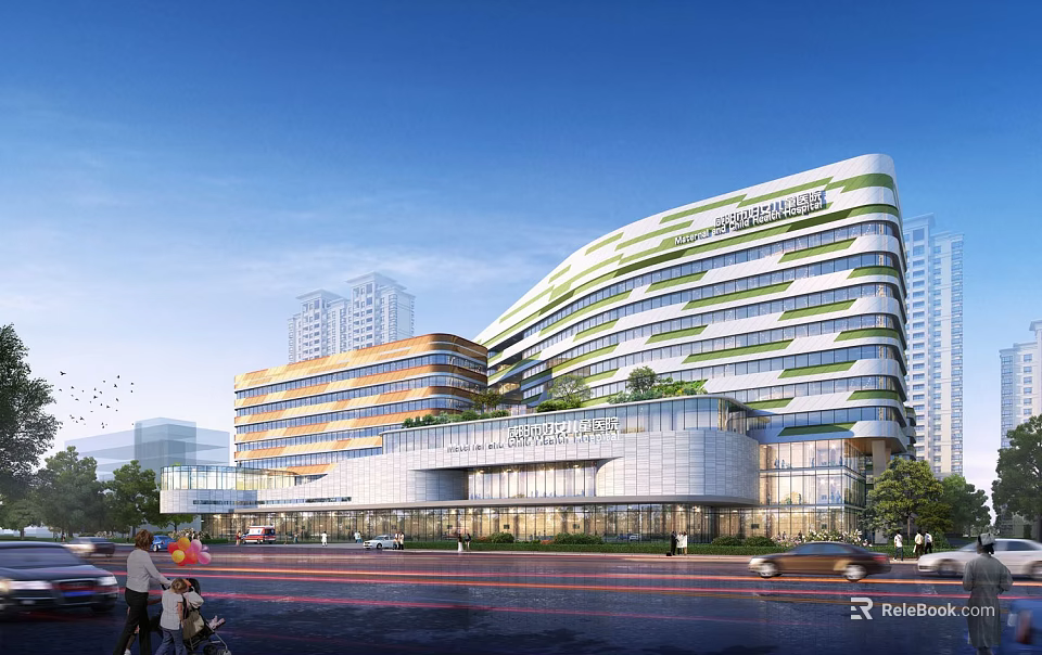 Modern Green Multi Storey Hospital Building With Glass Facade In Urban Street Setting 3d model 