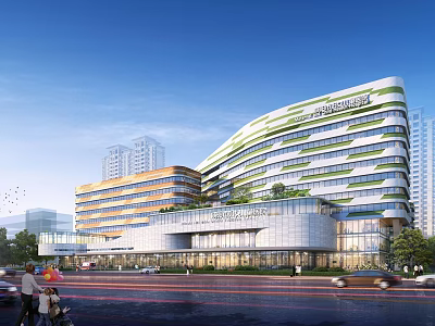 Modern Green Multi Storey Hospital Building With Glass Facade In Urban Street Setting 3d model