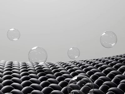 Transparent Bubbles Floating Above Black Spherical Objects on Textured Surface 3d model