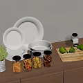 White Dinnerware Set with Plates Bowls Glass Jars Limes Green Plant on Wooden Countertop