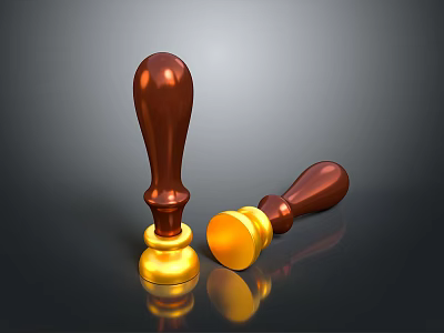 Two Household Seal Stamps with Wooden Handles Gold Bases Standing Upright and Lying 3d model