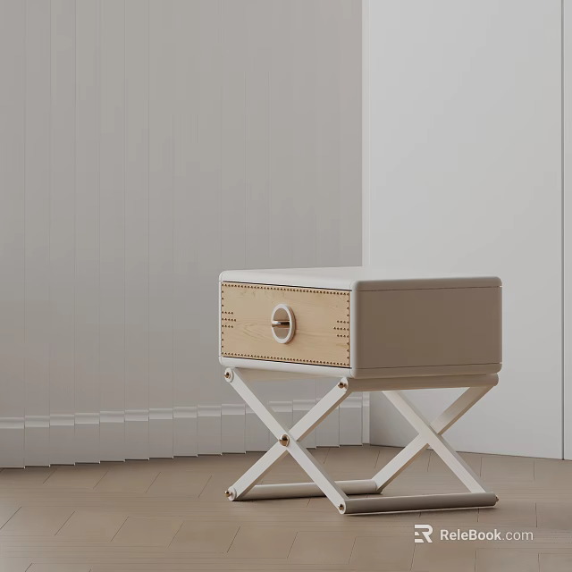Modern Light Colored Bedside Table With Woven Drawer Round Handle And White Cross Legs 3d model 