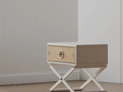 Modern Light Colored Bedside Table With Woven Drawer Round Handle And White Cross Legs 3d model