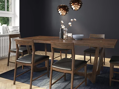 Wooden Dining Table Set With Black Leather Seats Decorative Pendant Lights And White Flower Vase 3d model