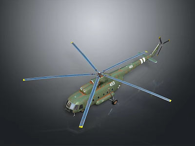 Green Military Helicopter 3D Model With Blue Rotors On Dark Background 3d model
