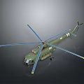 Green Military Helicopter 3D Model With Blue Rotors On Dark Background