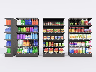 Retail Store Display Shelves Stocked with Various Beverages and Food Products 3d model