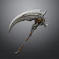 Intricate Metallic Scythe Weapon Design With Decorative Gear And Orange Handle