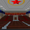 Spacious Conference Hall Interior Featuring Red Star Ceiling Yellow Decor Red Curtains And Blue Walls