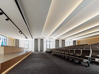 Modern Large Conference Room with Tiered Seats Podium Screen Lighting and Gray Carpet 3d model