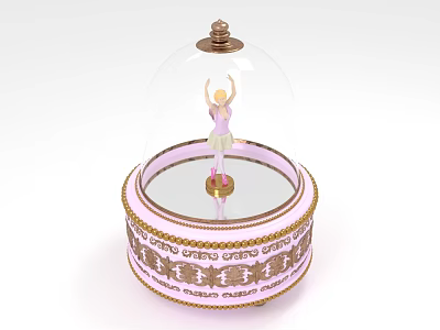 Decorative Ornament Set With Glass Dome Ballerina Figure Pink Base And Golden Trim 3d model