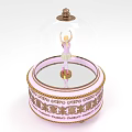 Decorative Ornament Set With Glass Dome Ballerina Figure Pink Base And Golden Trim