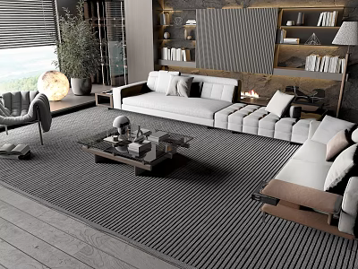 Modern Living Room Sofa Coffee Table Set With Plush Cushions And Wooden Design 3d model