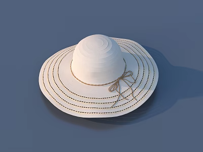 White Wide Brim Hat With Spiral Textured Crown Stitched Brim Details And Knotted Ribbon Band 3d model