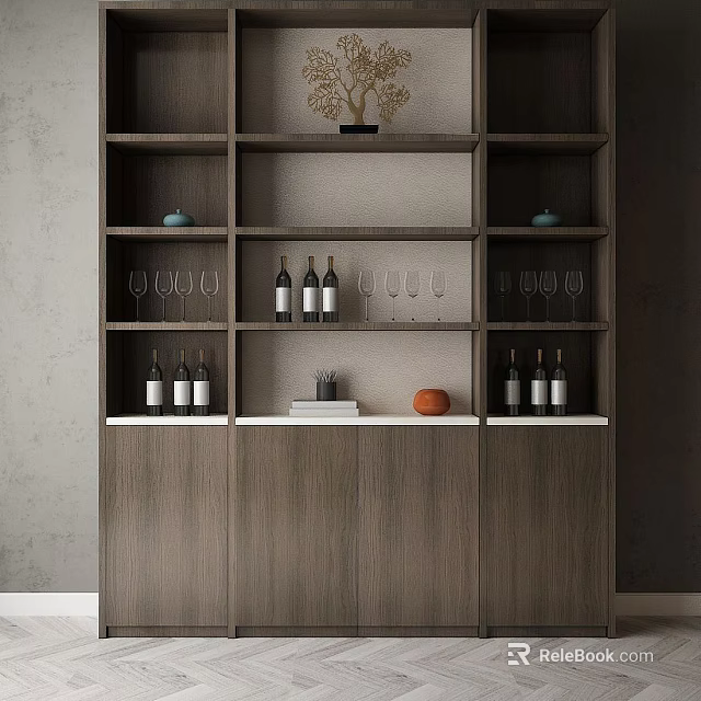 Modern Wooden Decorative Cabinet with Wine Bottles Wine Glasses and Decorative Items on Shelves 3d model 