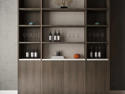 Modern Wooden Decorative Cabinet with Wine Bottles Wine Glasses and Decorative Items on Shelves 3d model