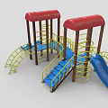 Colorful Playground Equipment With Red Canopies Blue Slides And Yellow Ladders