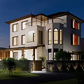 Traditional Style Detached Villa With White Exterior Arched Windows Sloped Roof And Greenery