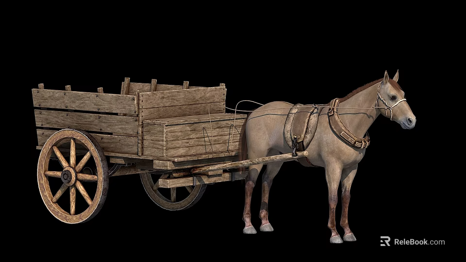 Brown Horse Pulling Ancient Wooden Cart With Large Wheels And Structure 3d model 