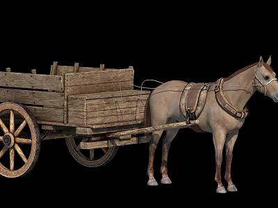 Brown Horse Pulling Ancient Wooden Cart With Large Wheels And Structure 3d model