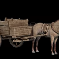 Brown Horse Pulling Ancient Wooden Cart With Large Wheels And Structure