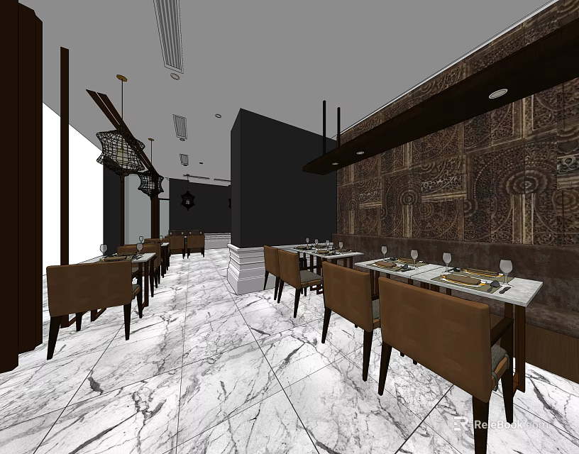 Elegant Modern Hotel Lobby Interior With Marble Floor Dining Tables And Decorative Wall 3d model 