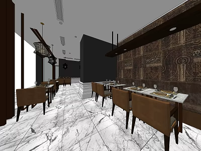 Elegant Modern Hotel Lobby Interior With Marble Floor Dining Tables And Decorative Wall 3d model