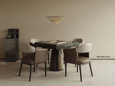 Modern Entertainment Table With Four Gray And White Chairs Pendant Light And Black Side Cabinet 3d model