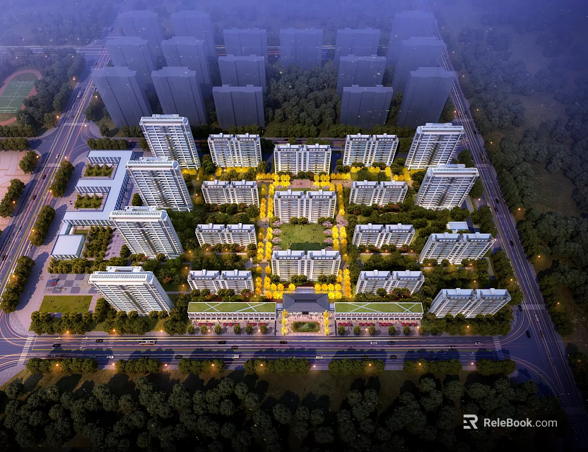 Aerial Planning Of Residential Community With High Rise Buildings Neat Layout Green Spaces And Roads 3d model 