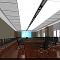 Modern Conference Room Interior With Long Wooden Table Black Chairs And Ceiling Lights