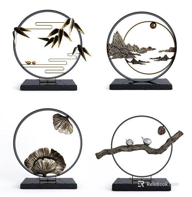 Elegant Ornament Decor Set With Circular Frame Golden Bamboo Mountain Bird And Ginkgo Design 3d model 