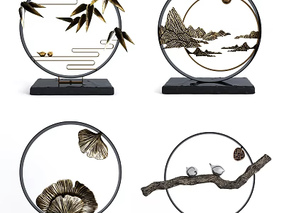 Elegant Ornament Decor Set With Circular Frame Golden Bamboo Mountain Bird And Ginkgo Design 3d model