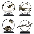 Elegant Ornament Decor Set With Circular Frame Golden Bamboo Mountain Bird And Ginkgo Design