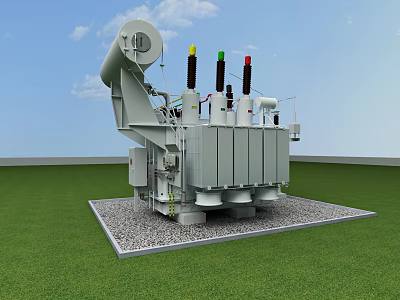 Industrial Transformer with Multiple Insulators Cooling System for High Voltage Power Distribution on Gravel Base 3d model