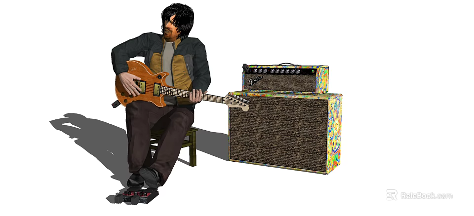 Man Sitting On Chair Playing Electric Guitar With Amplifier And Pedal 3d model 